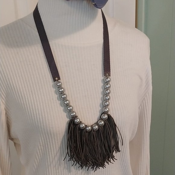Plunder Jewelry - 2950 Plunder Grey Pearl Beads With Leather Look Fringe With Ribbon Connect.